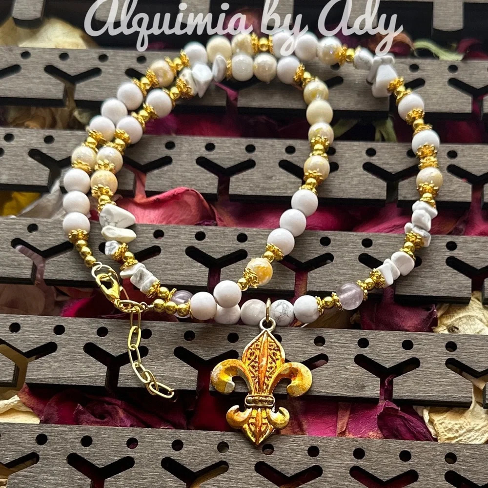 Howlite gold statement fleur de Lis charm beaded short necklace puka style